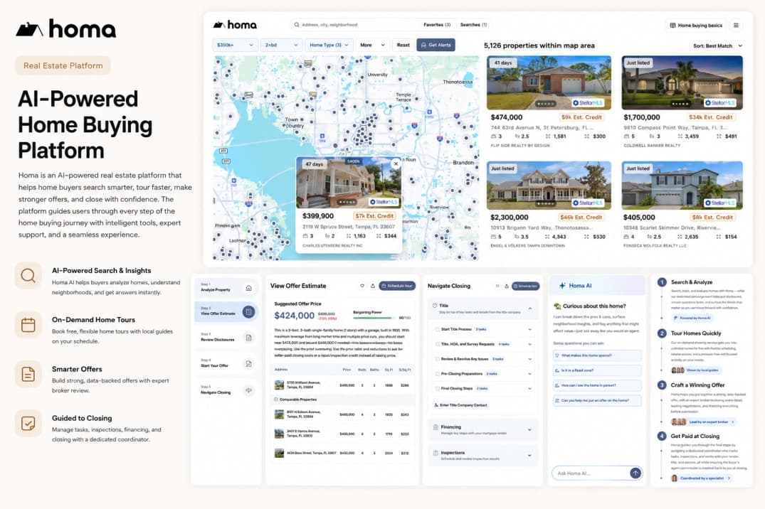Homa AI product board showing home search, offer estimate, closing flow, and AI guidance surfaces.