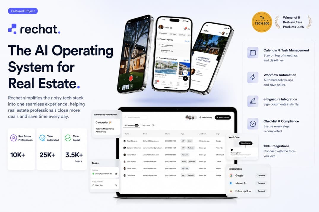 Rechat product board showing mobile flows, automation, integrations, and deal-management surfaces.